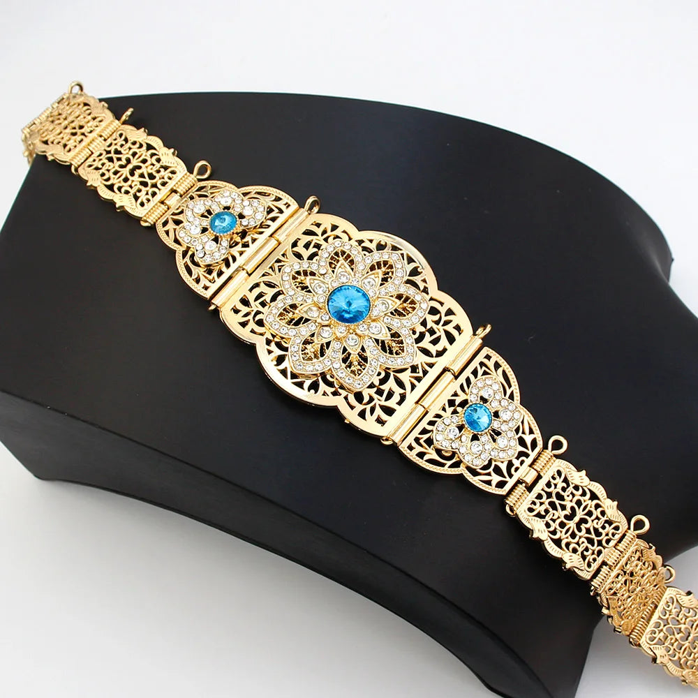 Sunspicems Light Blue Moroccan Belt Women Multilayer Stone Chain Necklace Choker Caftan Belt Jewelry Algeria Bride Jewelry Sets
