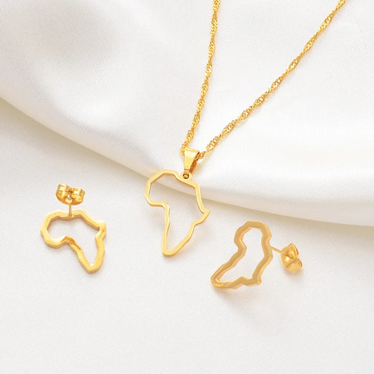 SMALL African Outline Map Necklaces Stud Earrings Sets Gold Color Stainless Steel Africa Map Jewelry Party Sets #152521