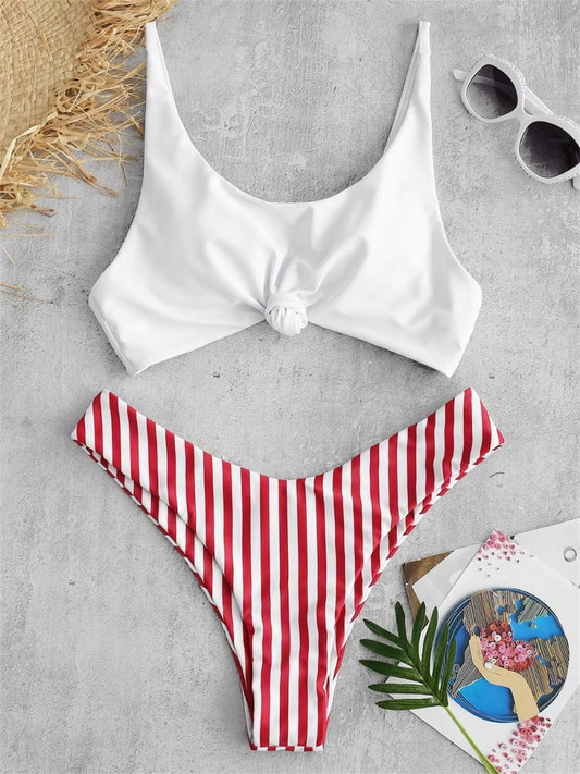 Sexy Micro Bikini 2026 Women Swimsuit Scoop Neck Striped Swimwear Knot Bow Fringe Summer Beachwear Bathing Suit Push up Biquini