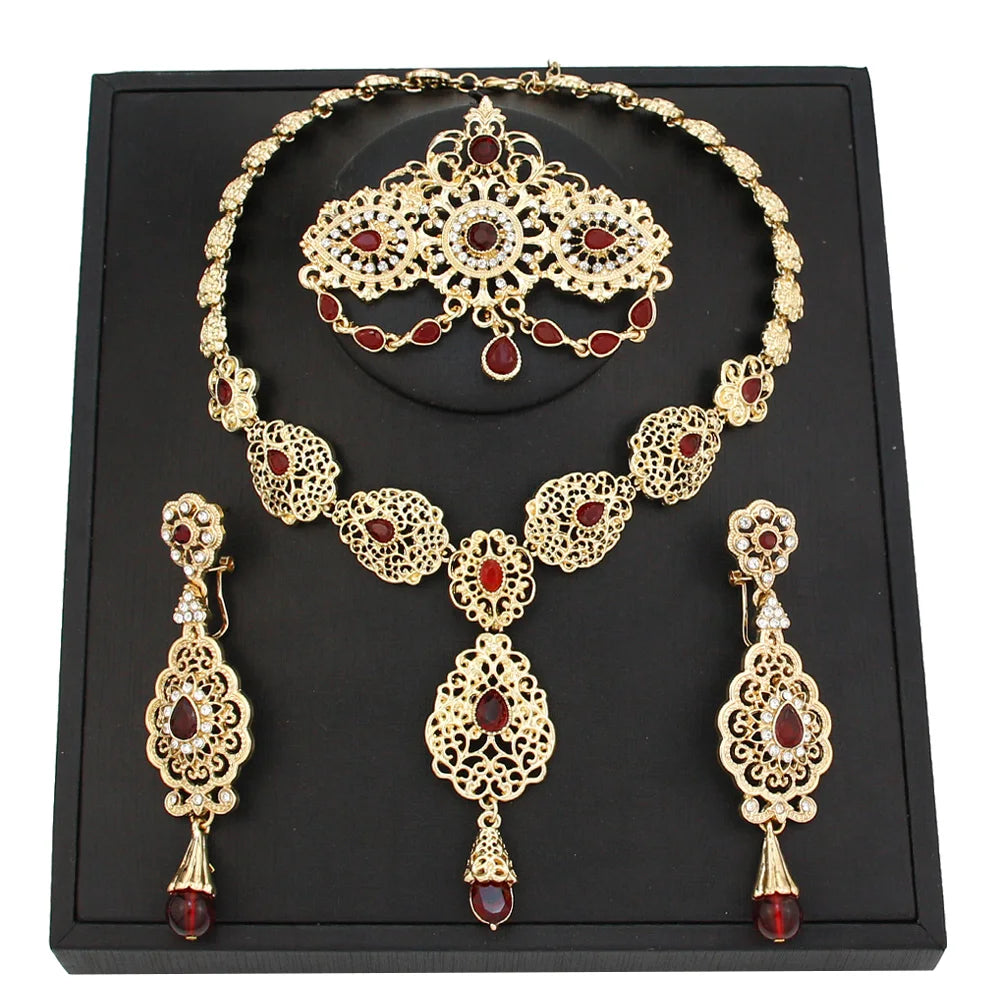 Sunspicems Gold Color Moroccan Bride Jewelry Sets for Women Caftan Brooch Earring Necklace Set Algeria Flower Pendant Necklace