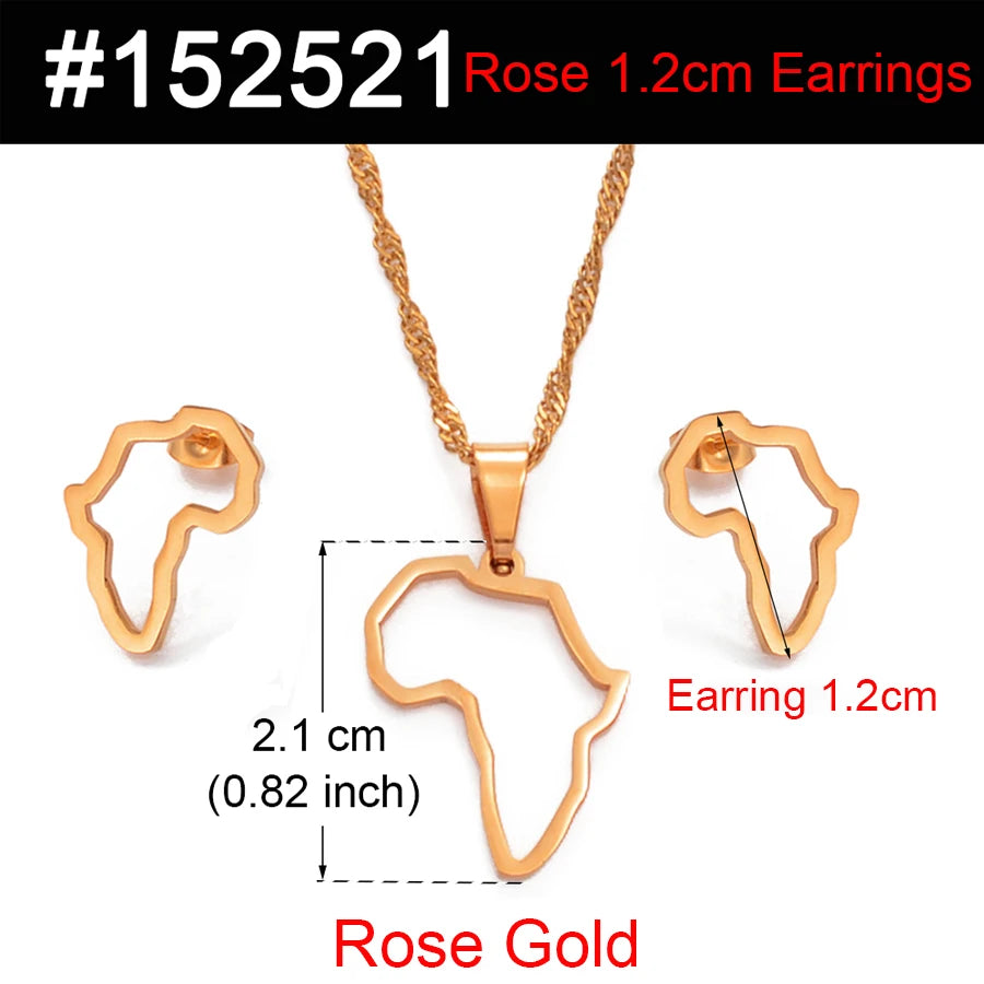 SMALL African Outline Map Necklaces Stud Earrings Sets Gold Color Stainless Steel Africa Map Jewelry Party Sets #152521