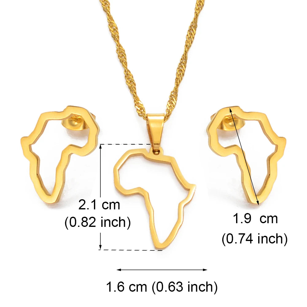 SMALL African Outline Map Necklaces Stud Earrings Sets Gold Color Stainless Steel Africa Map Jewelry Party Sets #152521
