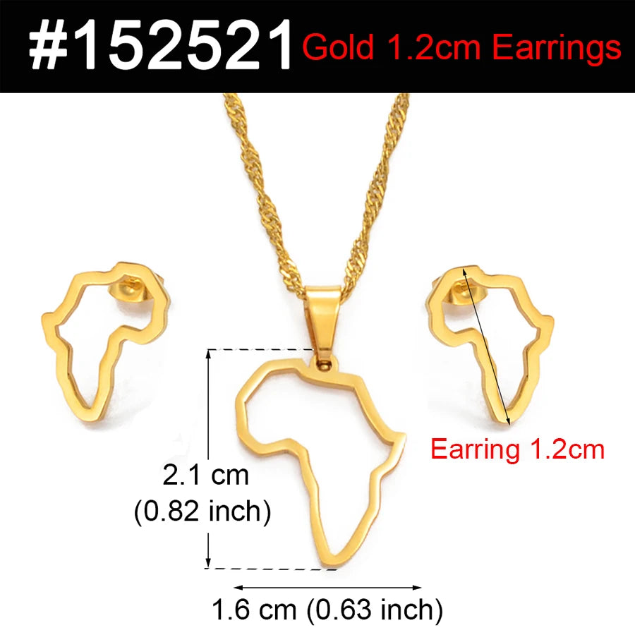 SMALL African Outline Map Necklaces Stud Earrings Sets Gold Color Stainless Steel Africa Map Jewelry Party Sets #152521
