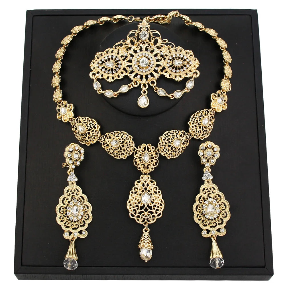 Sunspicems Gold Color Moroccan Bride Jewelry Sets for Women Caftan Brooch Earring Necklace Set Algeria Flower Pendant Necklace