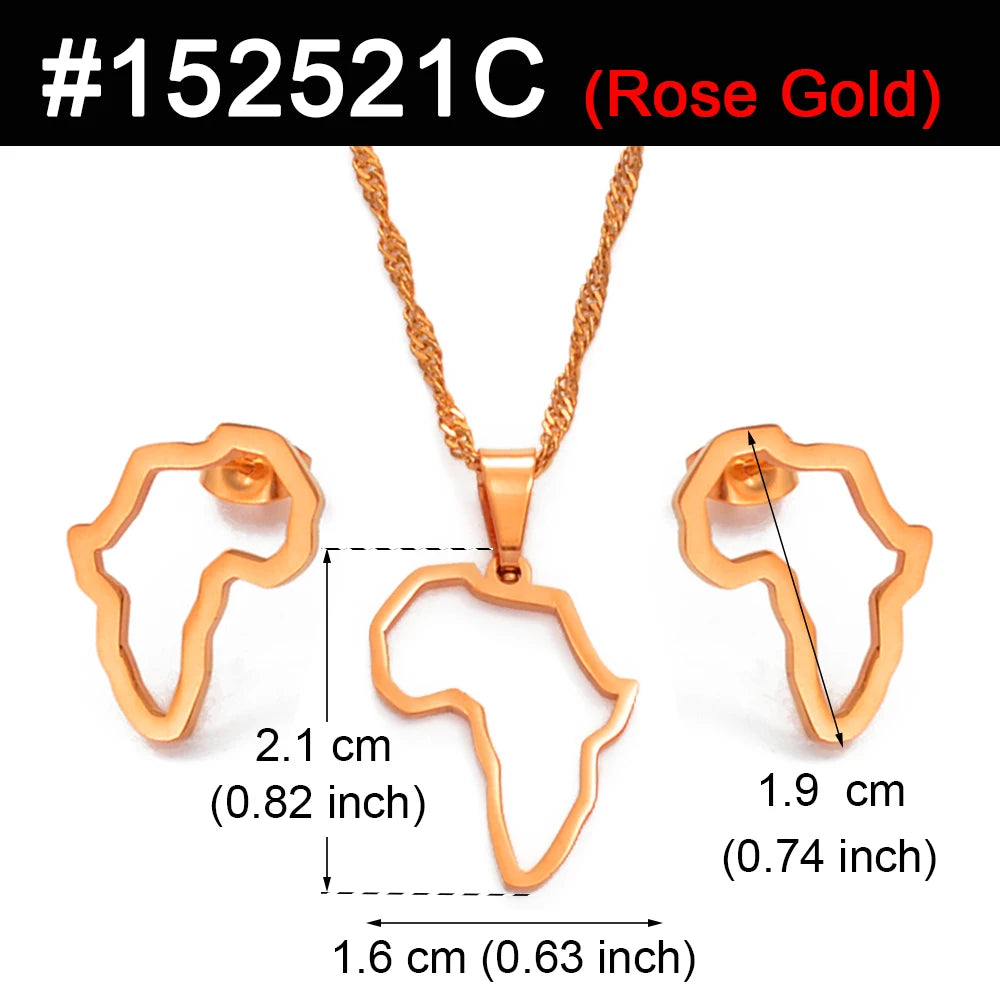 SMALL African Outline Map Necklaces Stud Earrings Sets Gold Color Stainless Steel Africa Map Jewelry Party Sets #152521
