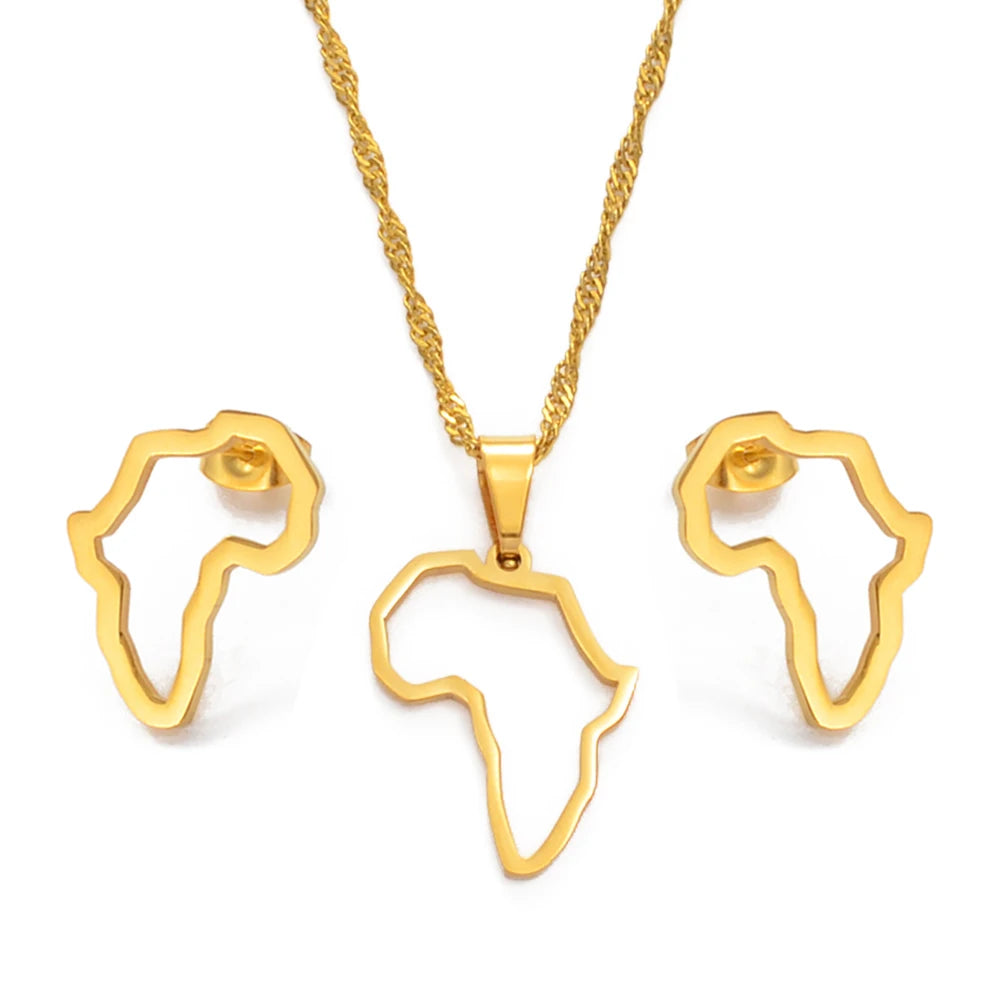 SMALL African Outline Map Necklaces Stud Earrings Sets Gold Color Stainless Steel Africa Map Jewelry Party Sets #152521