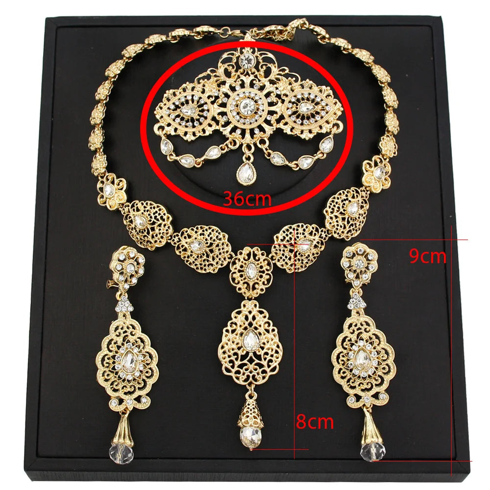 Sunspicems Gold Color Moroccan Bride Jewelry Sets for Women Caftan Brooch Earring Necklace Set Algeria Flower Pendant Necklace
