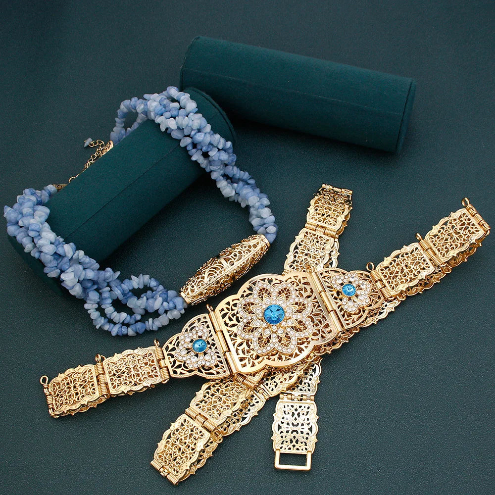 Sunspicems Light Blue Moroccan Belt Women Multilayer Stone Chain Necklace Choker Caftan Belt Jewelry Algeria Bride Jewelry Sets