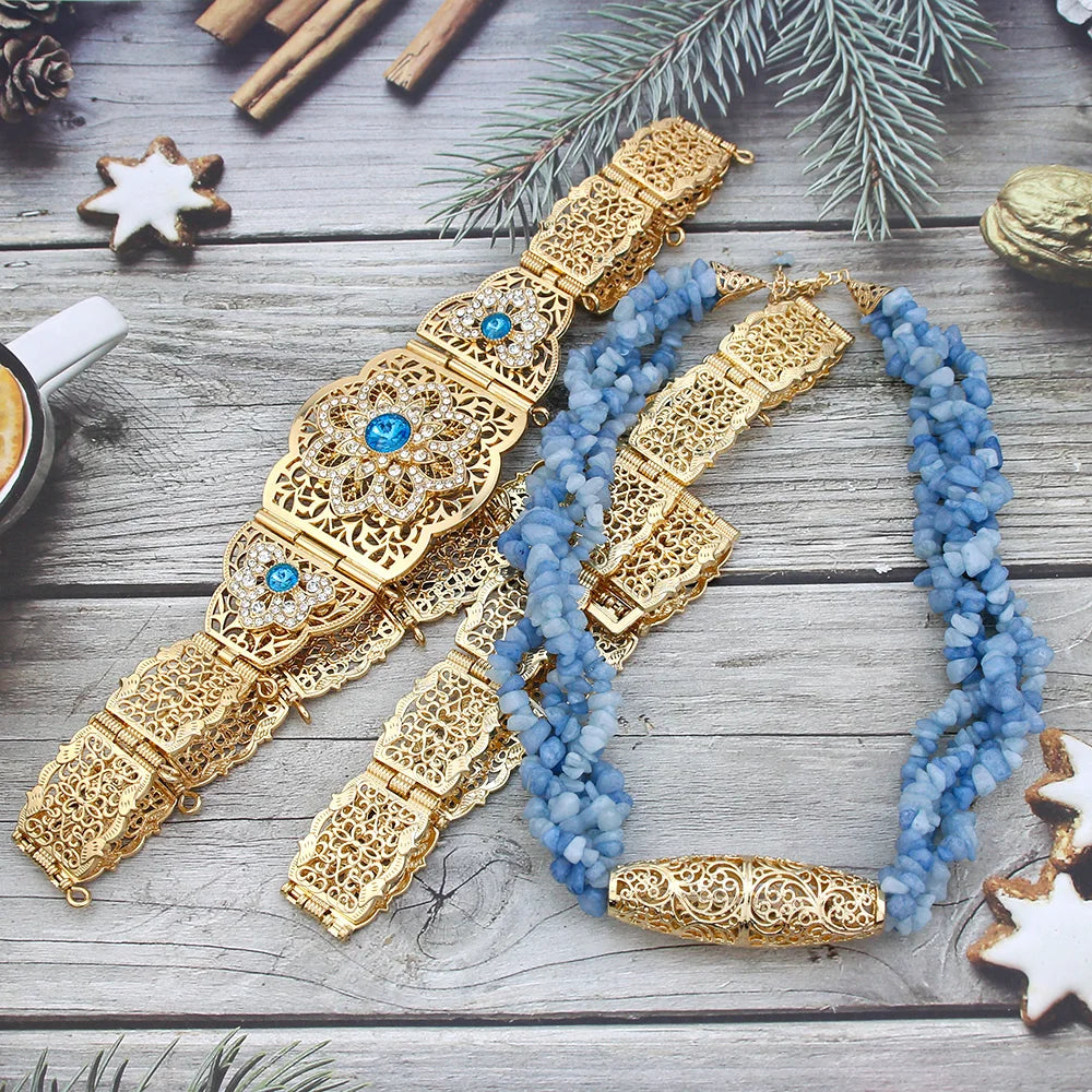 Sunspicems Light Blue Moroccan Belt Women Multilayer Stone Chain Necklace Choker Caftan Belt Jewelry Algeria Bride Jewelry Sets