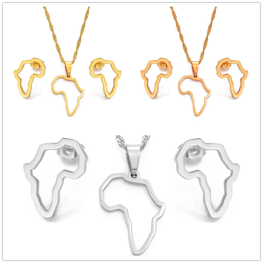 SMALL African Outline Map Necklaces Stud Earrings Sets Gold Color Stainless Steel Africa Map Jewelry Party Sets #152521