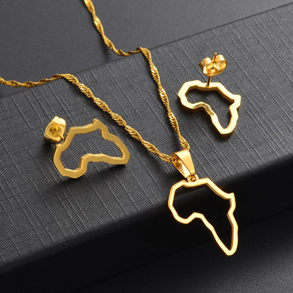 SMALL African Outline Map Necklaces Stud Earrings Sets Gold Color Stainless Steel Africa Map Jewelry Party Sets #152521