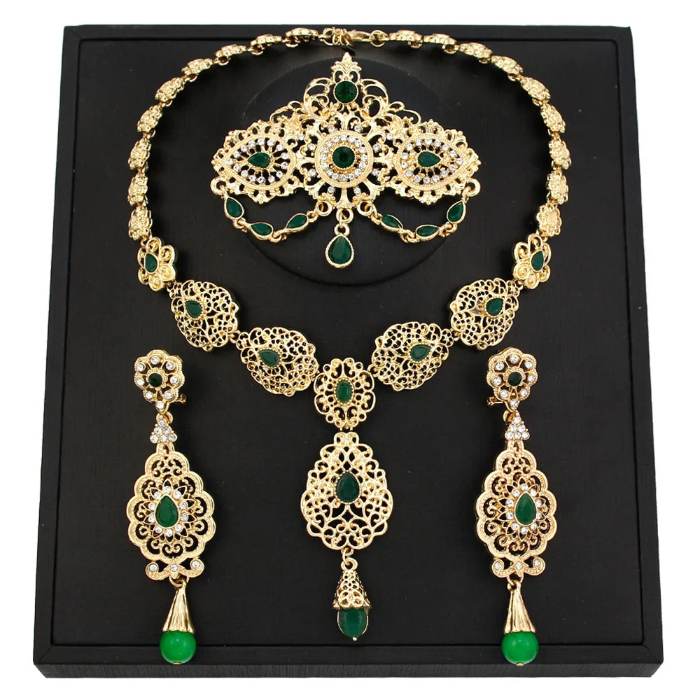 Sunspicems Gold Color Moroccan Bride Jewelry Sets for Women Caftan Brooch Earring Necklace Set Algeria Flower Pendant Necklace