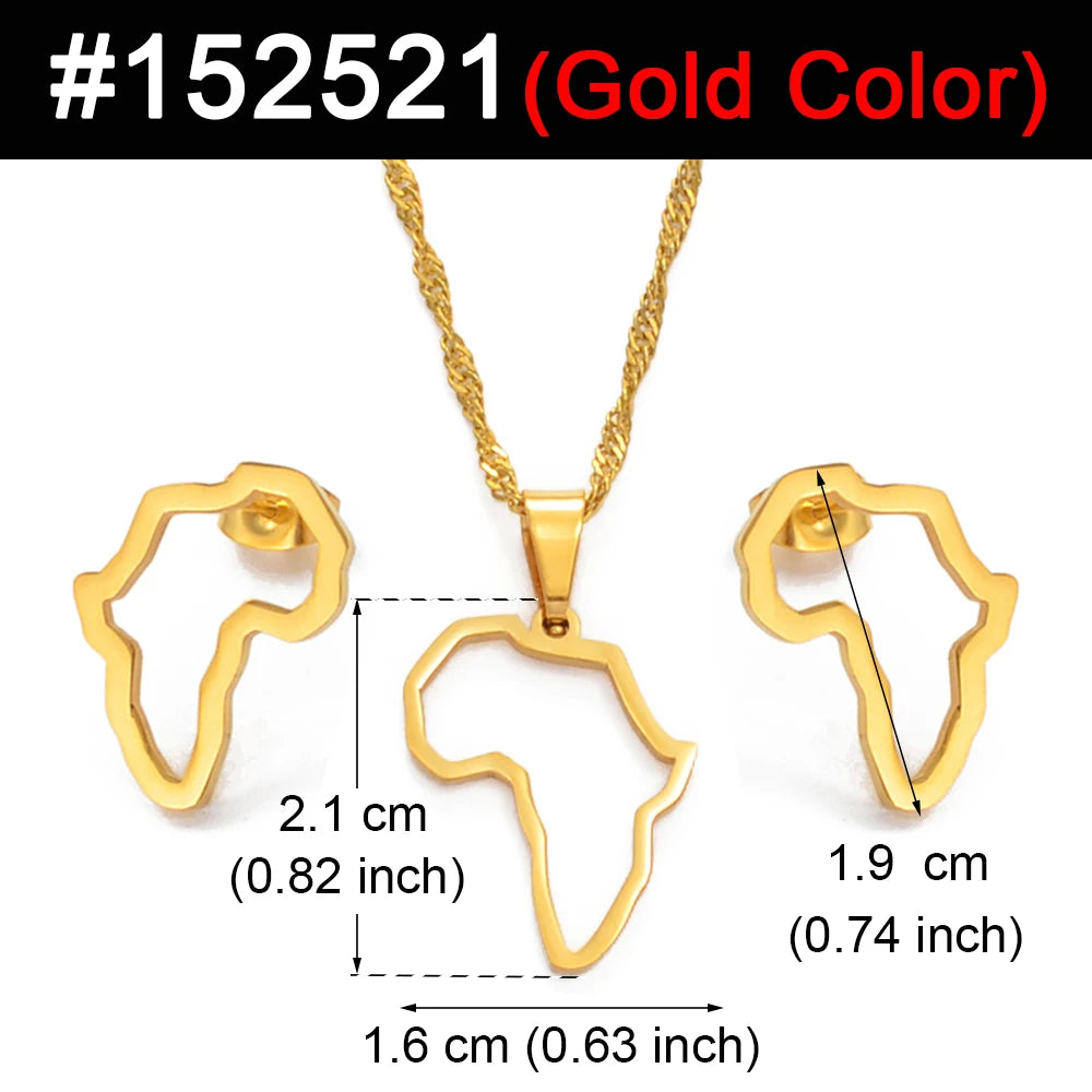 SMALL African Outline Map Necklaces Stud Earrings Sets Gold Color Stainless Steel Africa Map Jewelry Party Sets #152521