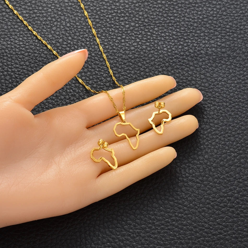 SMALL African Outline Map Necklaces Stud Earrings Sets Gold Color Stainless Steel Africa Map Jewelry Party Sets #152521