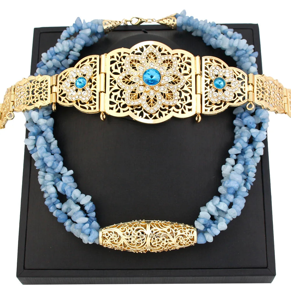 Sunspicems Light Blue Moroccan Belt Women Multilayer Stone Chain Necklace Choker Caftan Belt Jewelry Algeria Bride Jewelry Sets