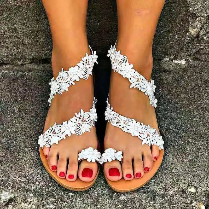 2026 White Lace Sandals Women Flip Flops Flat Sandals Women Bohemia Beach Shoes Women plus Size Summer Fashion Woman WSH3628