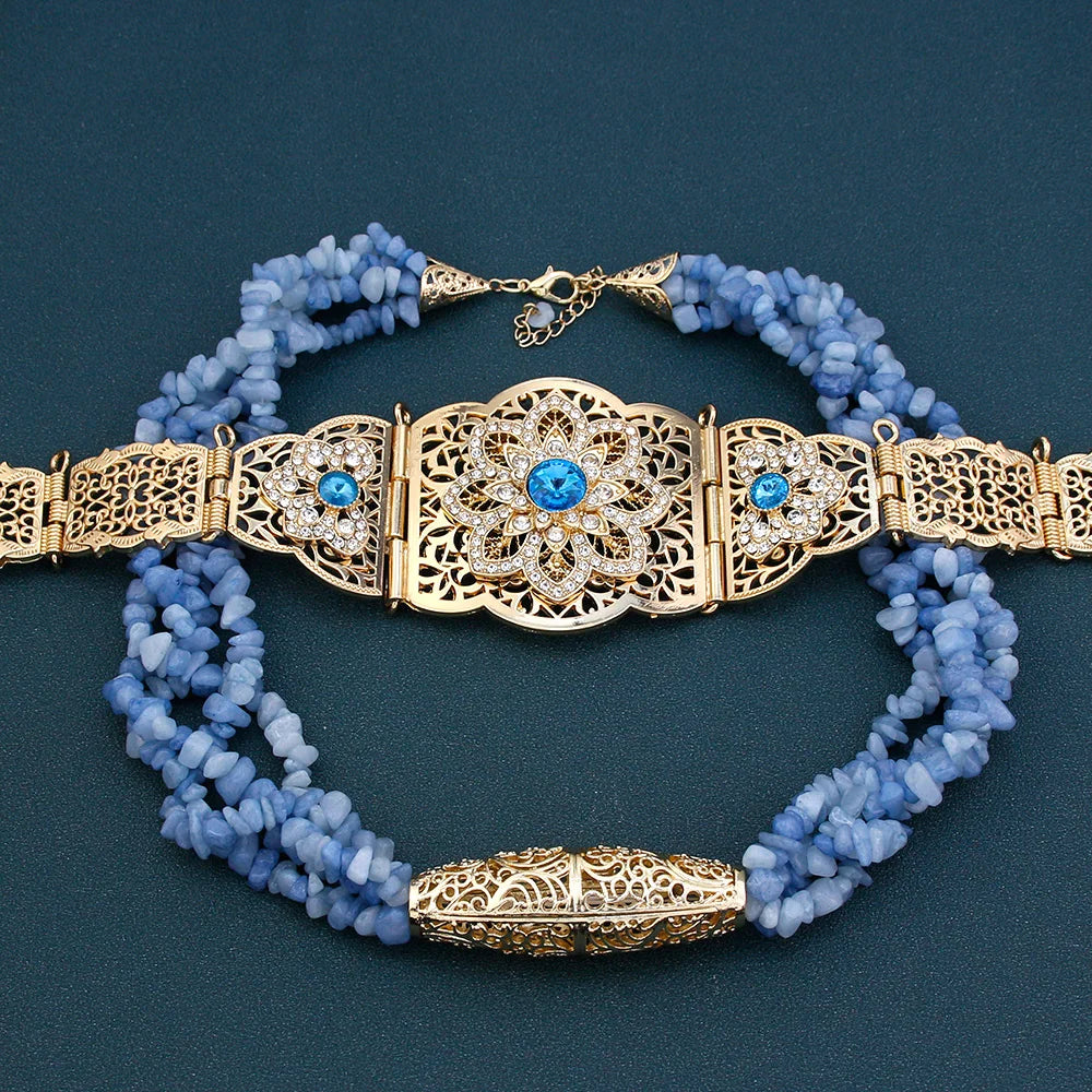 Sunspicems Light Blue Moroccan Belt Women Multilayer Stone Chain Necklace Choker Caftan Belt Jewelry Algeria Bride Jewelry Sets